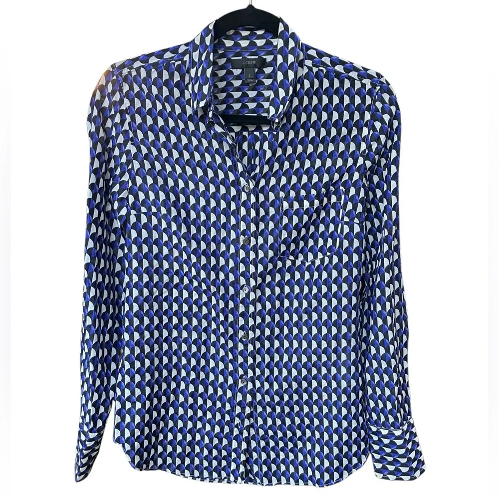EUC J. Crew Patterned Blue and Black Geometric Blouse Size 2 - Picture 1 of 3